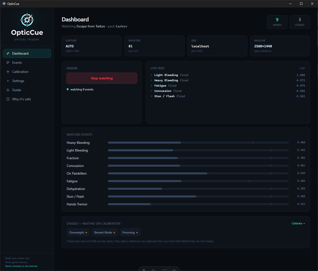 OpticCue dashboard watching Escape from Tarkov, with events firing in a live feed