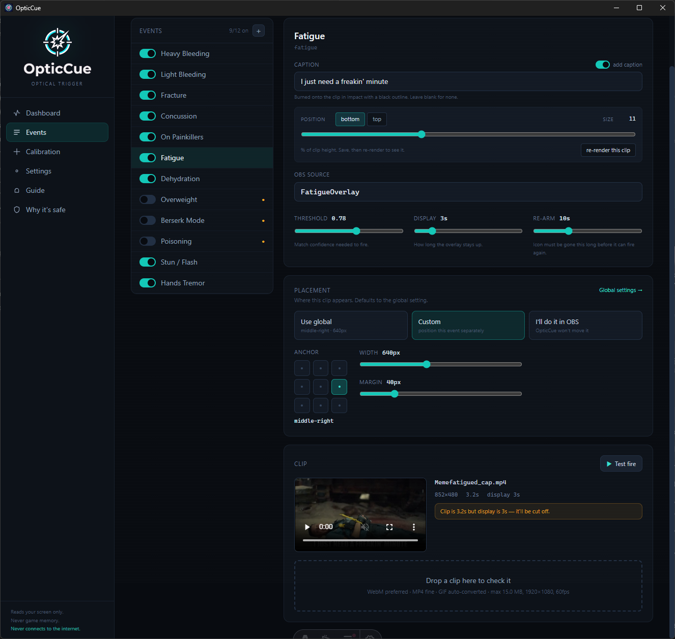 Event mapping screen with per-event placement