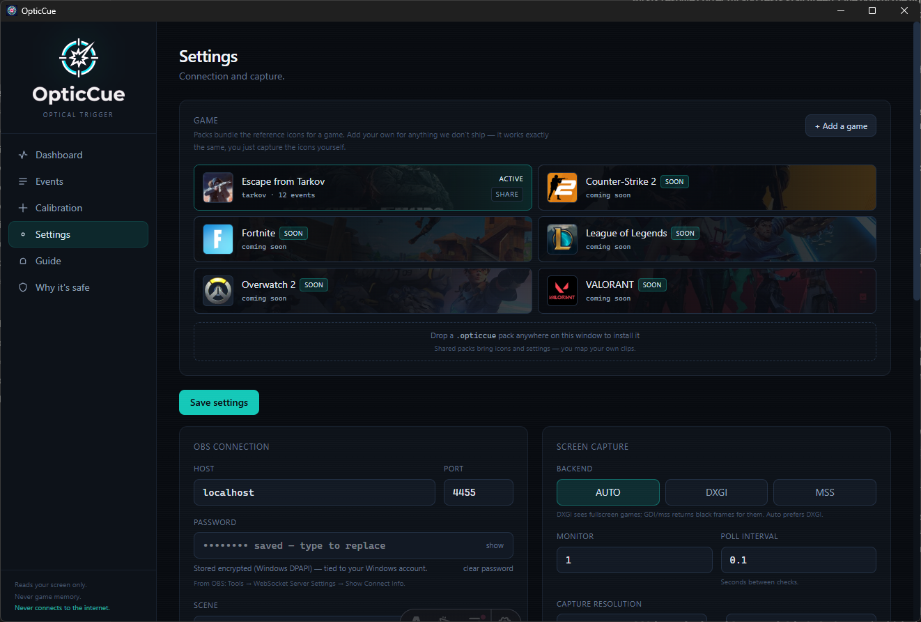 Game pack picker with Tarkov active and more games coming